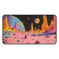 Large Retro Space Robo Mouse Pad, Available in 2 Sizes: pink, orange colorful alien planet landscape with a small astronaut/r
