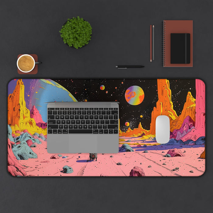 Large Retro Space Robo Mouse Pad, Available in 2 Sizes: pink, orange colorful alien planet landscape with a small astronaut/r