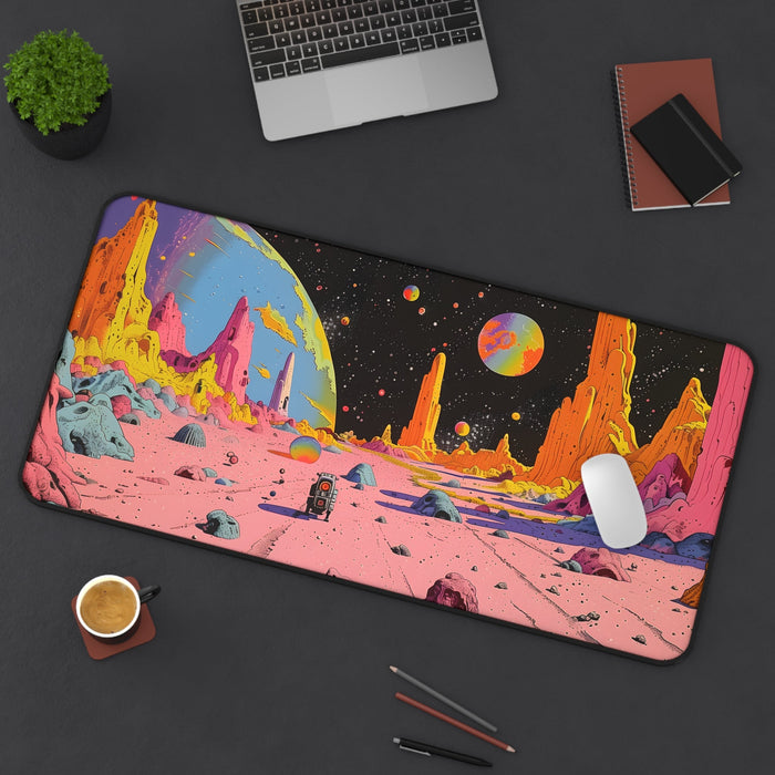 Large Retro Space Robo Mouse Pad, Available in 2 Sizes: pink, orange colorful alien planet landscape with a small astronaut/r