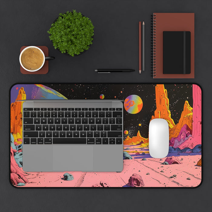 Large Retro Space Robo Mouse Pad, Available in 2 Sizes: pink, orange colorful alien planet landscape with a small astronaut/r