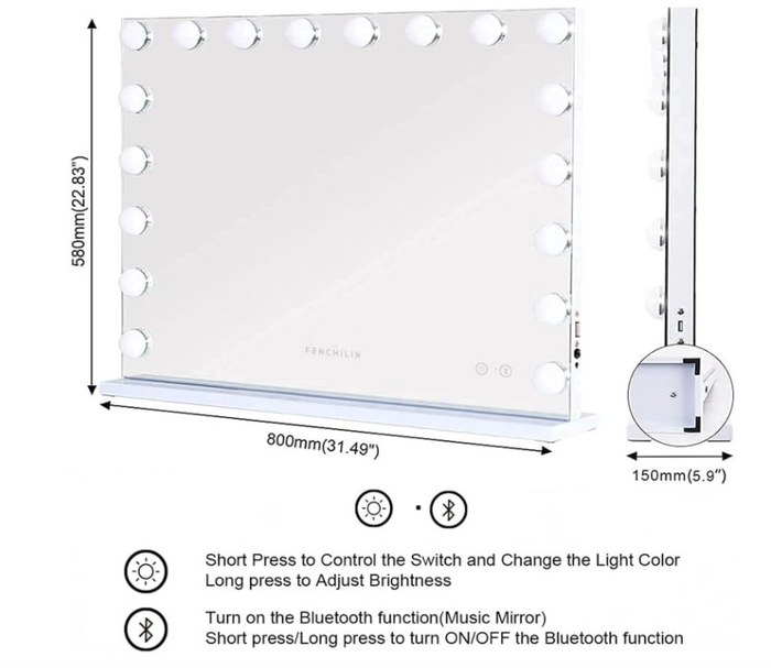Large Vanity Mirror 80x60 LED Makeup Mirror 18 Bulbs Dimmable 3 Light Mod-27