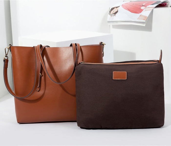 Large Women's Tote Bag with Extended Straps: brown, dark brown handbag, minimal style