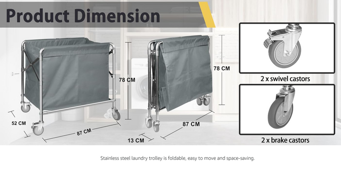 Laundry Basket with Wheels Stainless Steel Folding Trolley 100kg 87x52x78cm-52