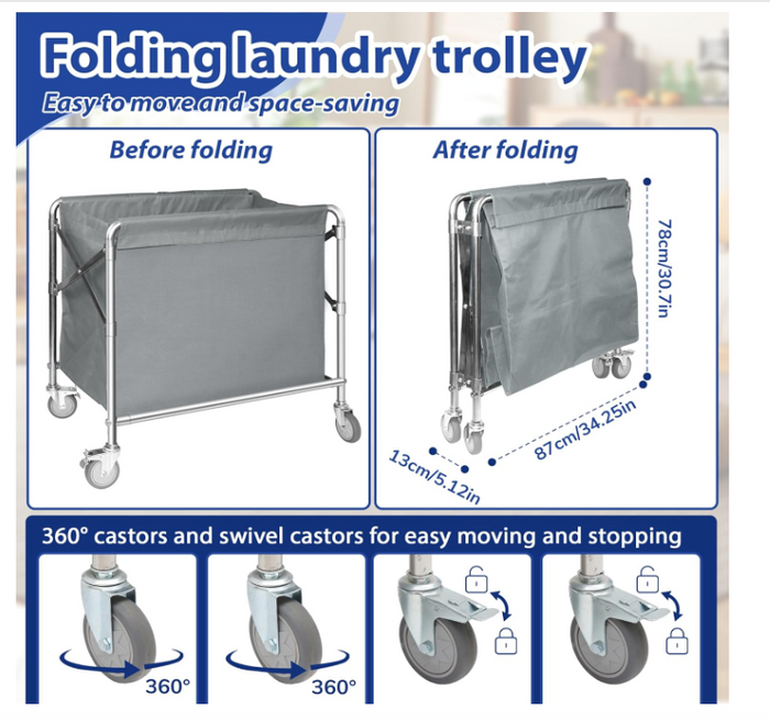 Laundry Basket with Wheels Stainless Steel Folding Trolley 100kg 87x52x78cm-52