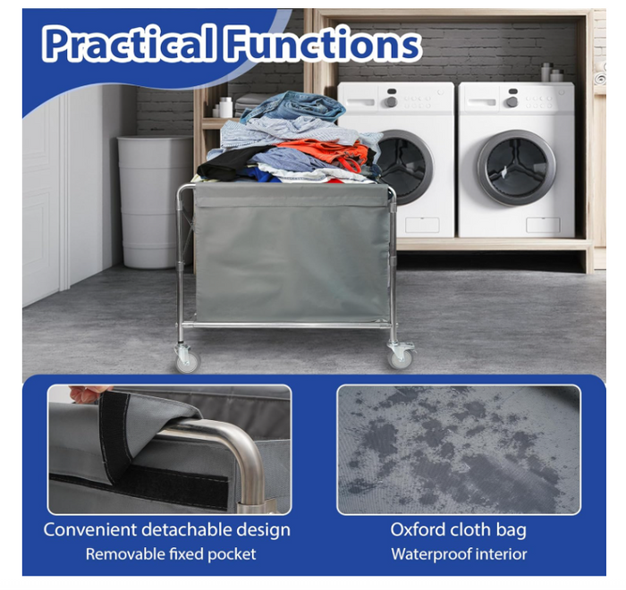 Laundry Basket with Wheels Stainless Steel Folding Trolley 100kg 87x52x78cm-52