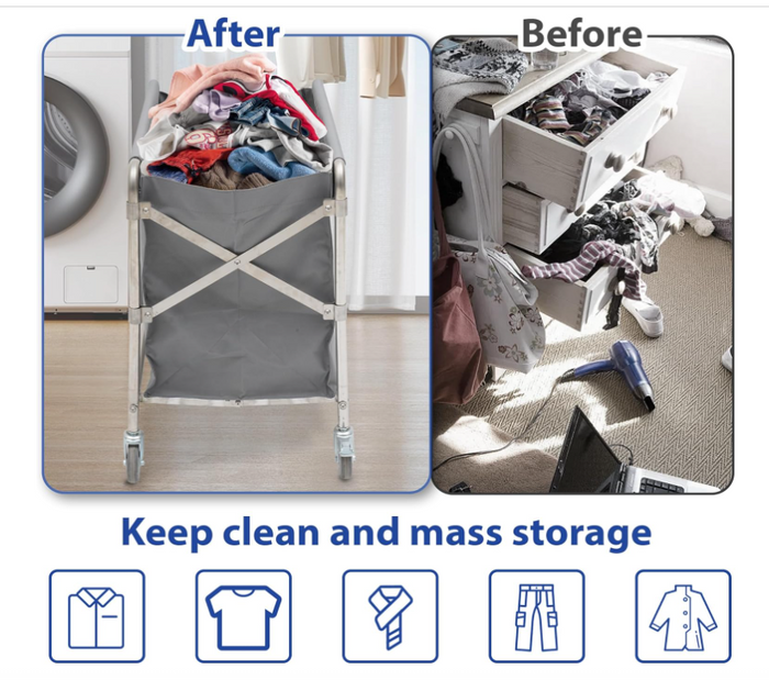 Laundry Basket with Wheels Stainless Steel Folding Trolley 100kg 87x52x78cm-52
