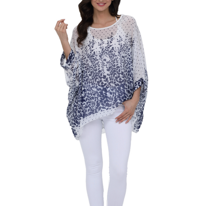 Lavender Floral Chiffon Tunic for Women: white, navy blue women's loose tunic blouse/top, casual feminine floral style