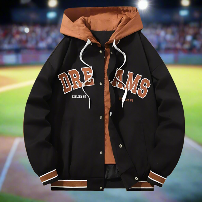 Layered Appearance Men's Baseball Jacket Featuring a Hood: black, brown hooded varsity-style jacket, casual varsity streetwea