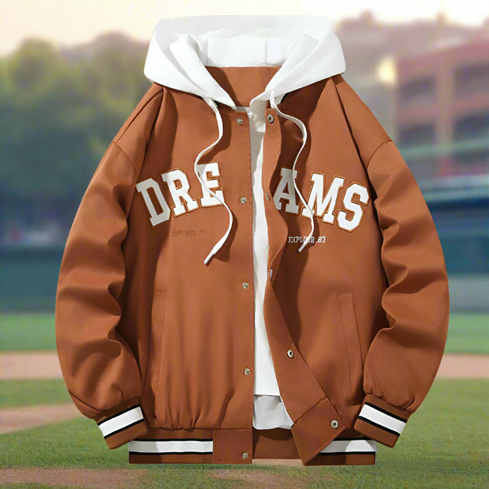 Layered Appearance Men's Baseball Jacket Featuring a Hood: black, brown hooded varsity-style jacket, casual varsity streetwea