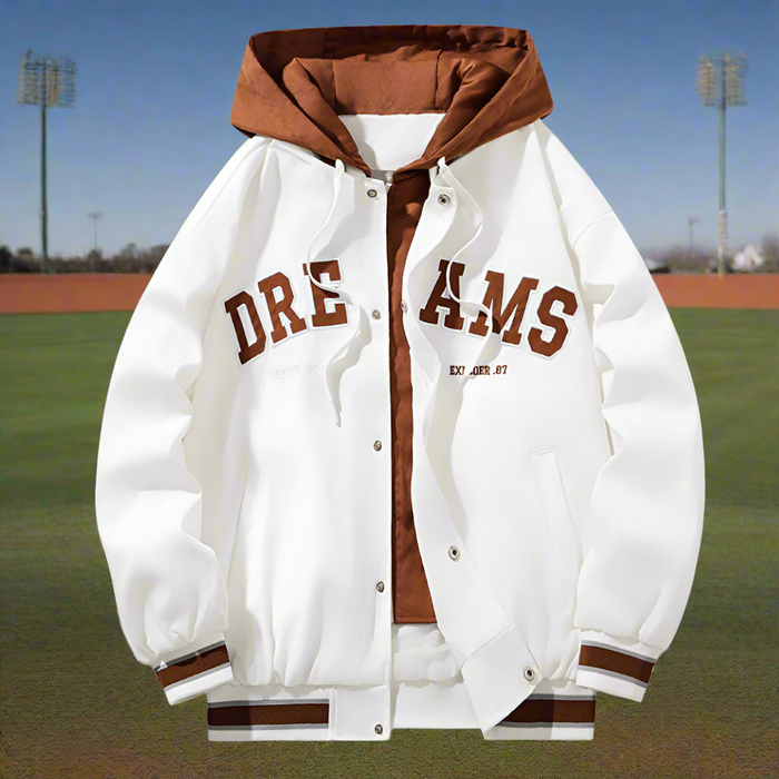 Layered Appearance Men's Baseball Jacket Featuring a Hood: black, brown hooded varsity-style jacket, casual varsity streetwea