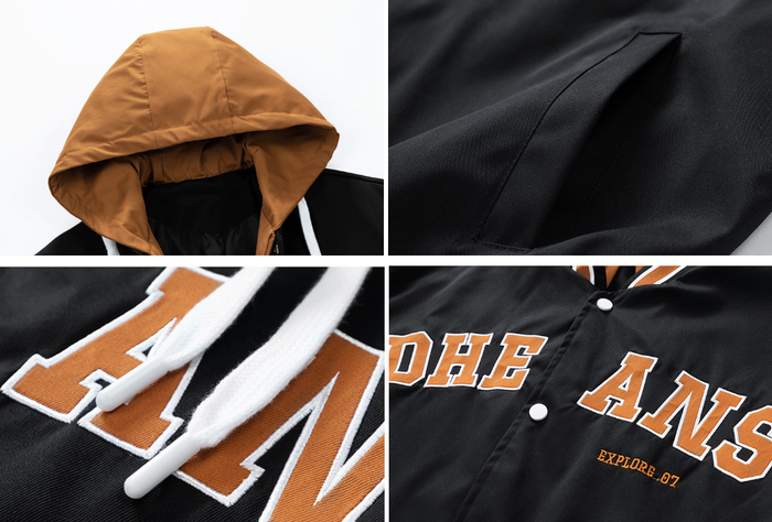 Layered Appearance Men's Baseball Jacket Featuring a Hood: black, brown hooded varsity-style jacket, casual varsity streetwea