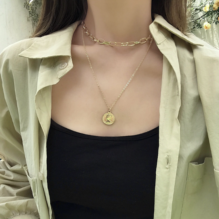 Layered Choker Necklace for Women with Coin Charm: gold layered necklace set, minimal style