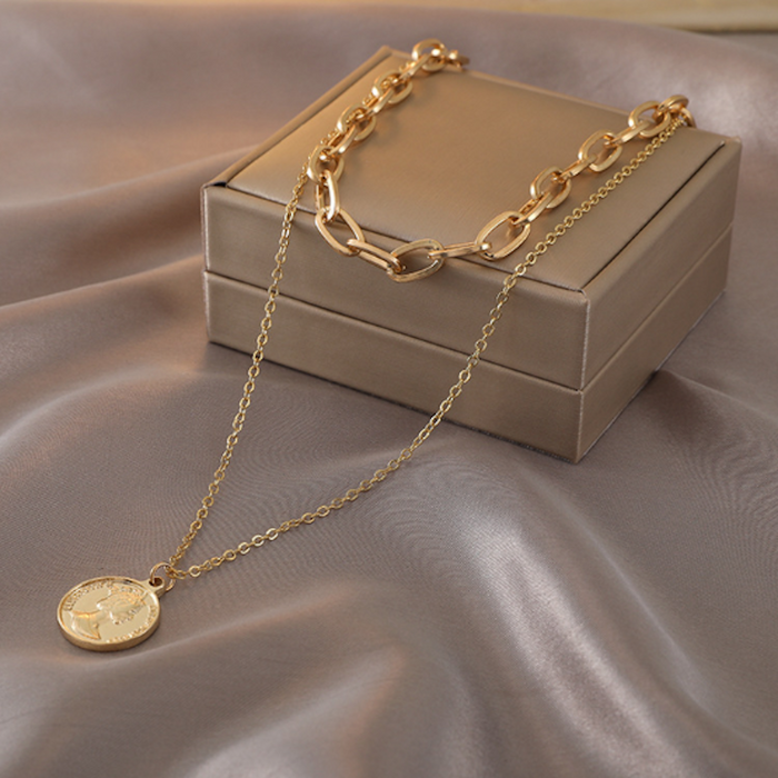 Layered Choker Necklace for Women with Coin Charm: gold layered necklace set, minimal style