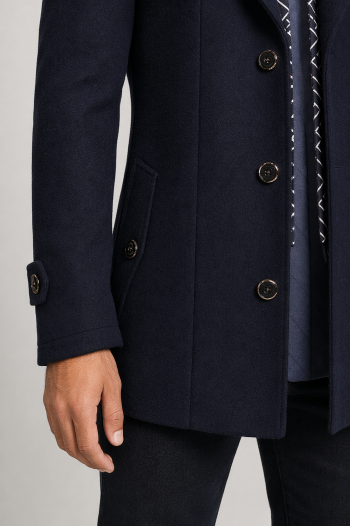 Layered Collar Mid Length Button Front Coat for Men Navy