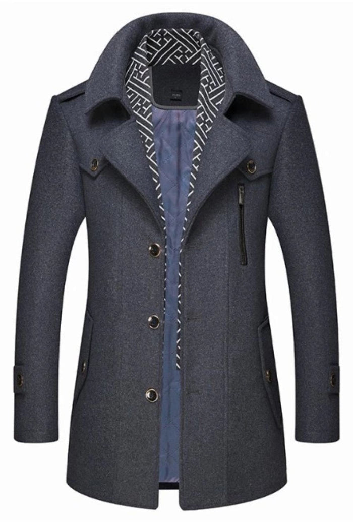 Layered Collar Mid Length Button Front Coat for Men: dark navy blue, black coat, modern tailored outerwear style