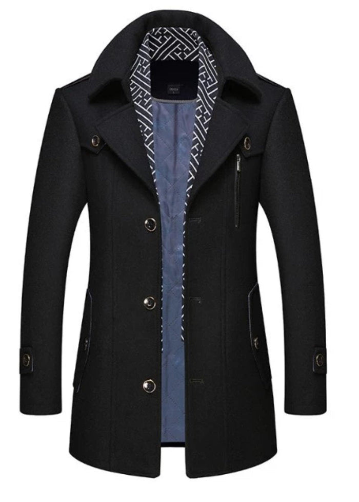 Layered Collar Mid Length Button Front Coat for Men: dark navy blue, black coat, modern tailored outerwear style