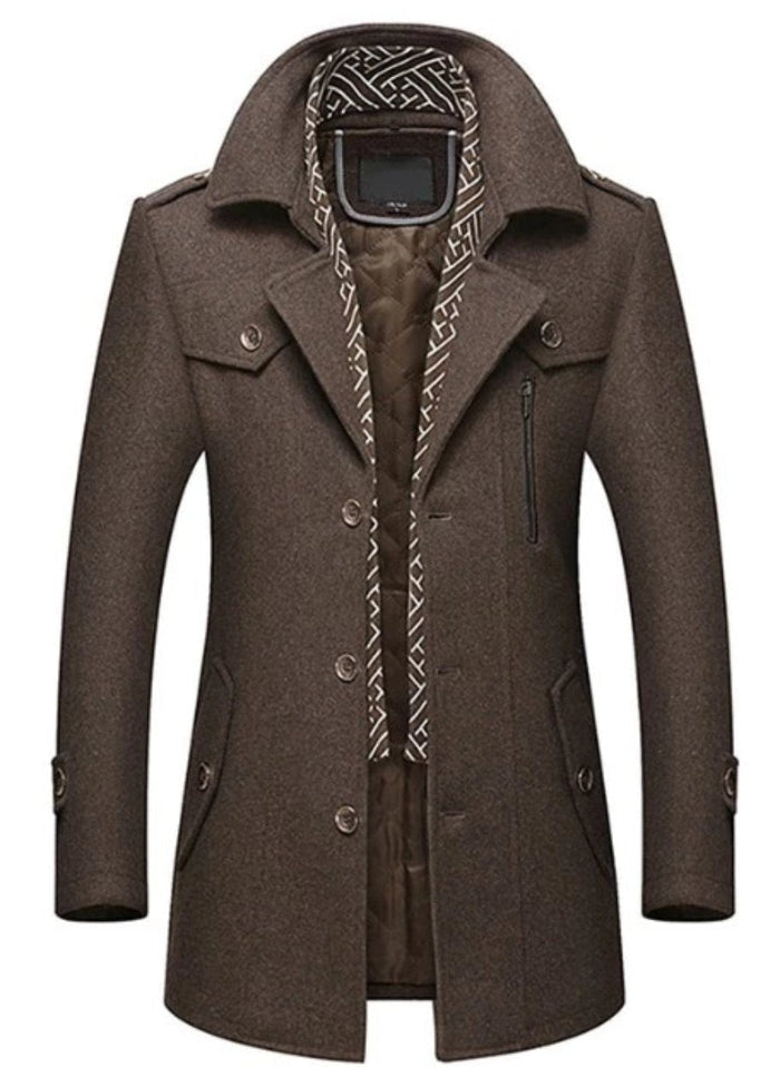 Layered Collar Mid Length Button Front Coat for Men: dark navy blue, black coat, modern tailored outerwear style