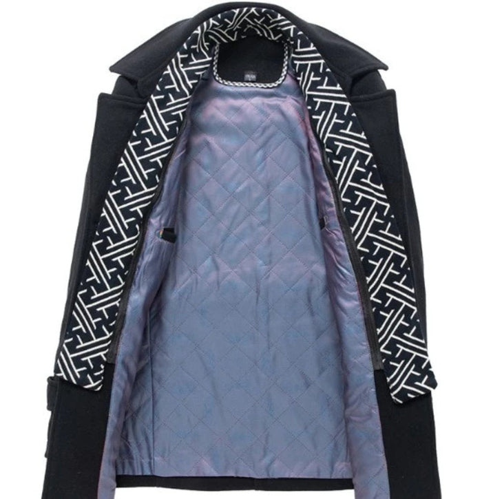 Layered Collar Mid Length Button Front Coat for Men: dark navy blue, black coat, modern tailored outerwear style