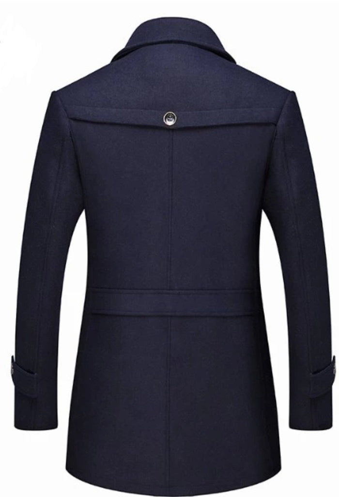 Layered Collar Mid Length Button Front Coat for Men: dark navy blue, black coat, modern tailored outerwear style