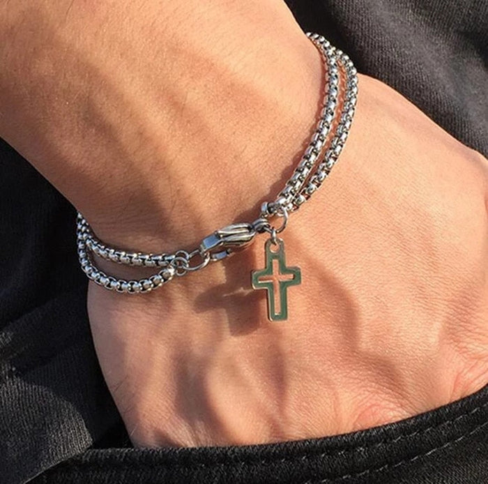 Layered Cross Bracelet with Chain: silver, green cross, minimal style