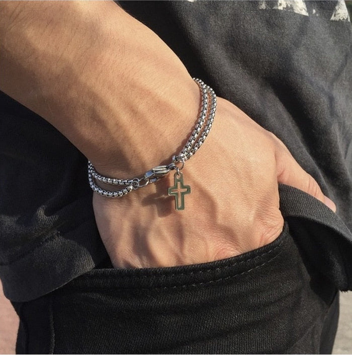 Layered Cross Bracelet with Chain: silver, green cross, minimal style