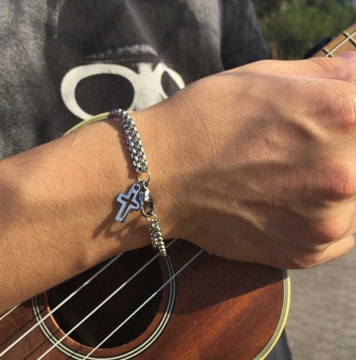 Layered Cross Bracelet with Chain: silver, green cross, minimal style