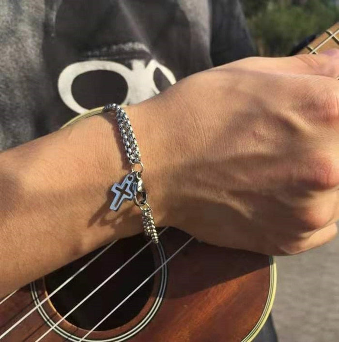 Layered Cross Bracelet with Chain: silver, green cross, minimal style