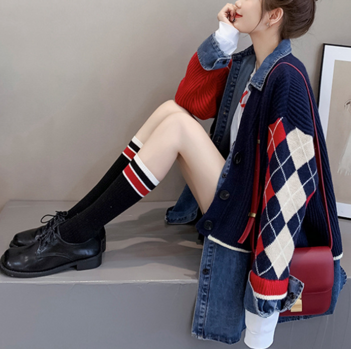 Layered Denim Shirt Dress for Women: Achieve the Perfect Look: navy blue, red cardigan sweater, preppy style
