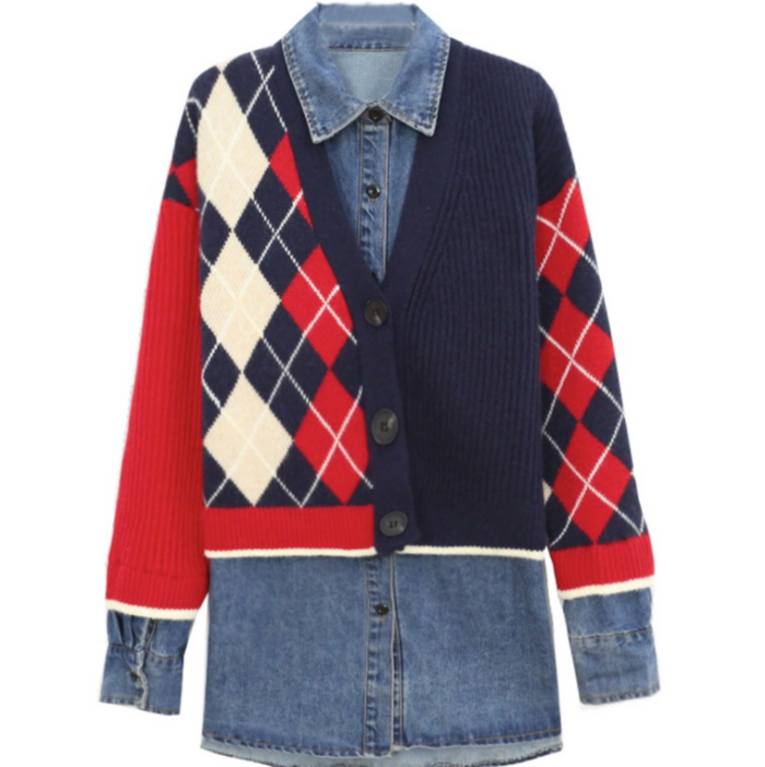 Layered Denim Shirt Dress for Women: Achieve the Perfect Look: navy blue, red cardigan sweater, preppy style