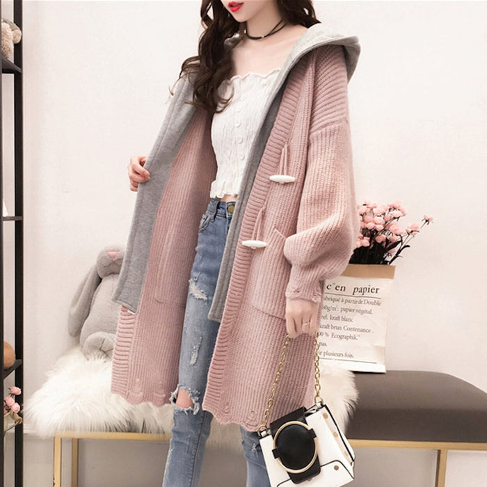 Layered Hooded Cardigan for Women, Redefining Fashion: dusty pink, gray hooded knit cardigan, casual, cozy, feminine style