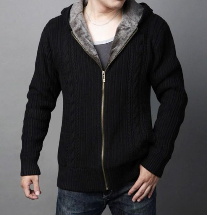 Layered Inner Mens Hooded Cardigan: black, gray hooded zip-front cardigan/jacket, casual style