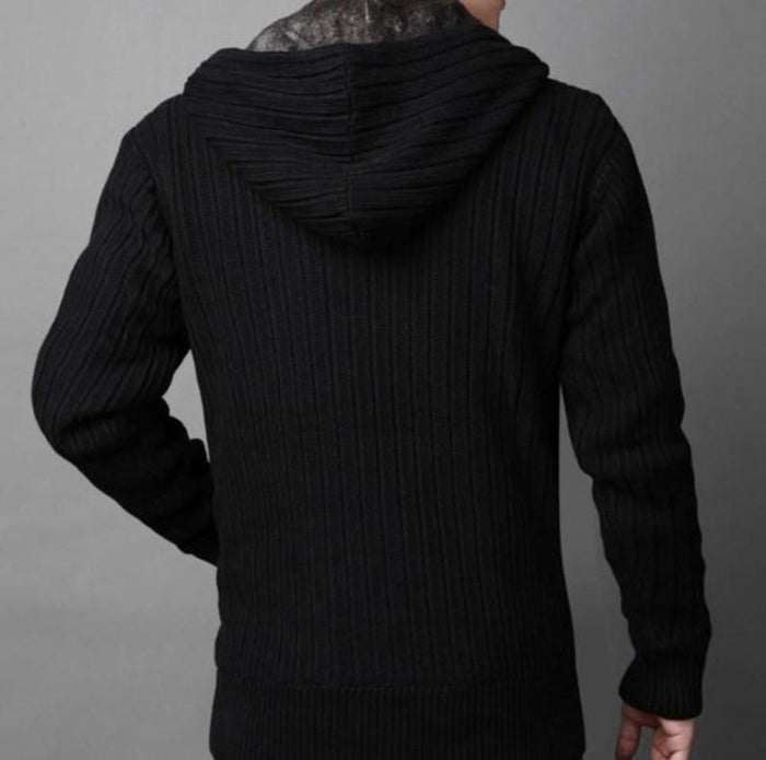 Layered Inner Mens Hooded Cardigan: black, gray hooded zip-front cardigan/jacket, casual style