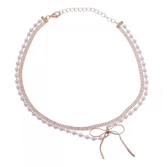 Layered Necklace for Women with a Bow Accent: pale pink, white necklace, delicate feminine style