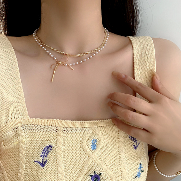 Layered Necklace for Women with a Bow Accent: pale pink, white necklace, delicate feminine style