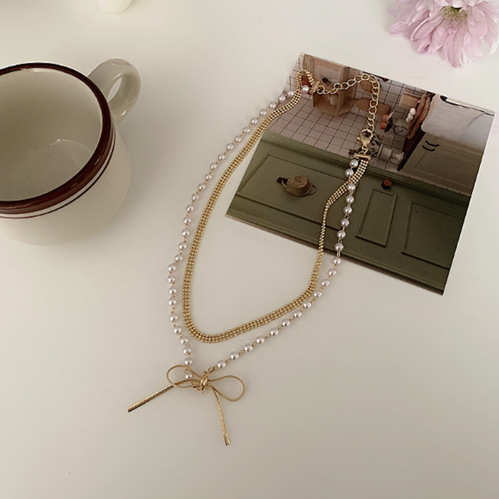 Layered Necklace for Women with a Bow Accent: pale pink, white necklace, delicate feminine style