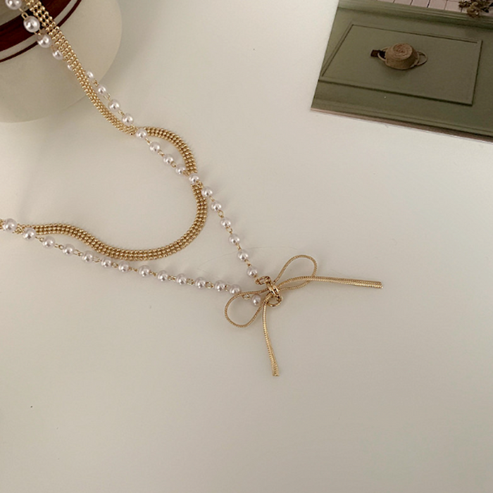 Layered Necklace for Women with a Bow Accent: pale pink, white necklace, delicate feminine style