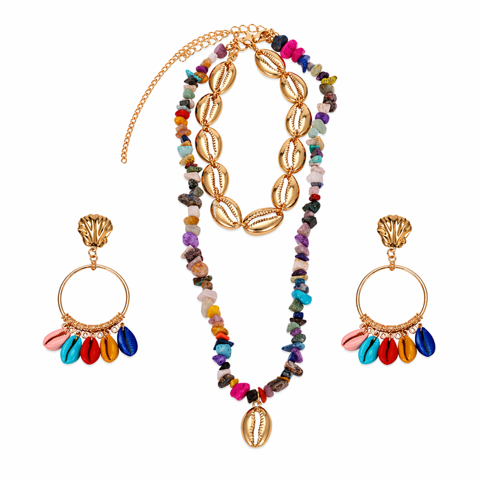 Layered Seashell Necklace and Earrings Set Multi