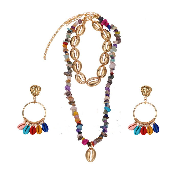 Layered Seashell Necklace and Earrings Set: gold, multicolor jewelry set, bohemian style