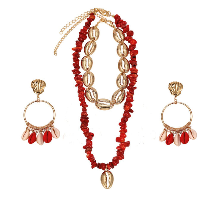 Layered Seashell Necklace and Earrings Set: gold, multicolor jewelry set, bohemian style