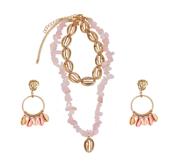 Layered Seashell Necklace and Earrings Set: gold, multicolor jewelry set, bohemian style