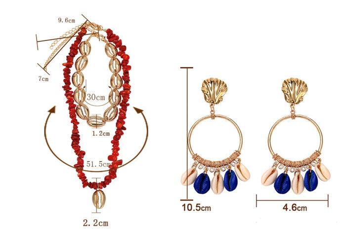 Layered Seashell Necklace and Earrings Set: gold, multicolor jewelry set, bohemian style