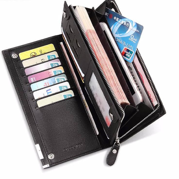 Leather Long Wallet for Men's Business Attire: black, silver zippered wallet, minimal style