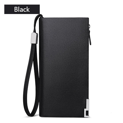 Leather Long Wallet for Men's Business Attire: black, silver zippered wallet, minimal style