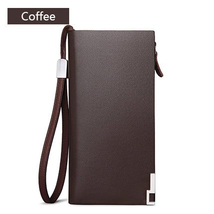 Leather Long Wallet for Men's Business Attire: black, silver zippered wallet, minimal style
