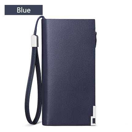 Leather Long Wallet for Men's Business Attire: black, silver zippered wallet, minimal style