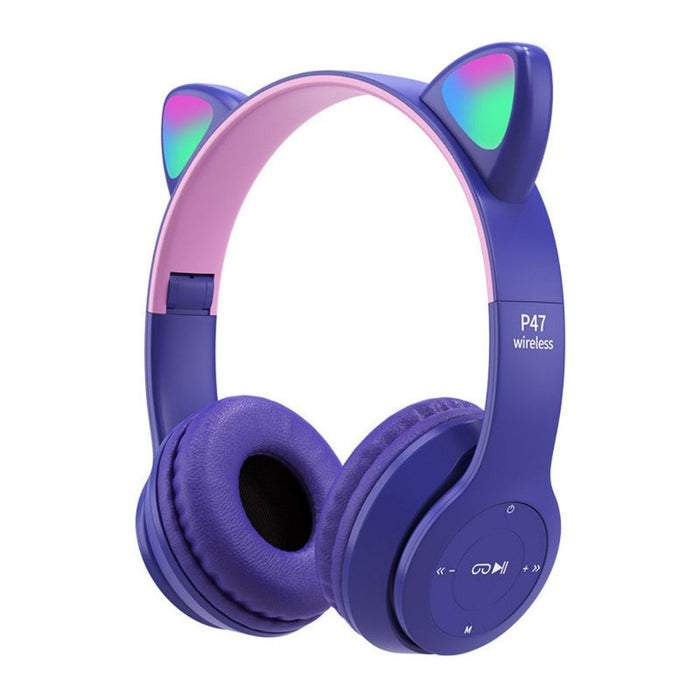 LED Bluetooth Headphones with Cat Ear Design: pink, light gray cat, kawaii style