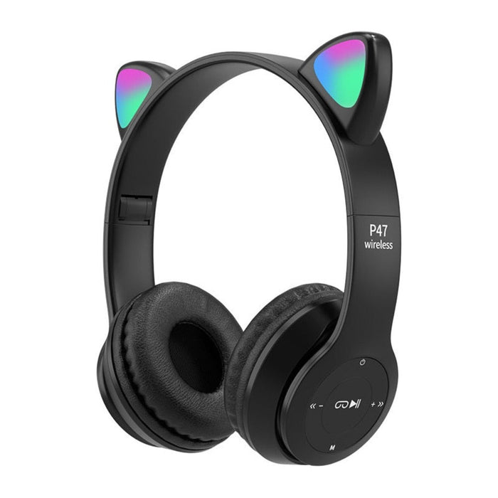 LED Bluetooth Headphones with Cat Ear Design: pink, light gray cat, kawaii style