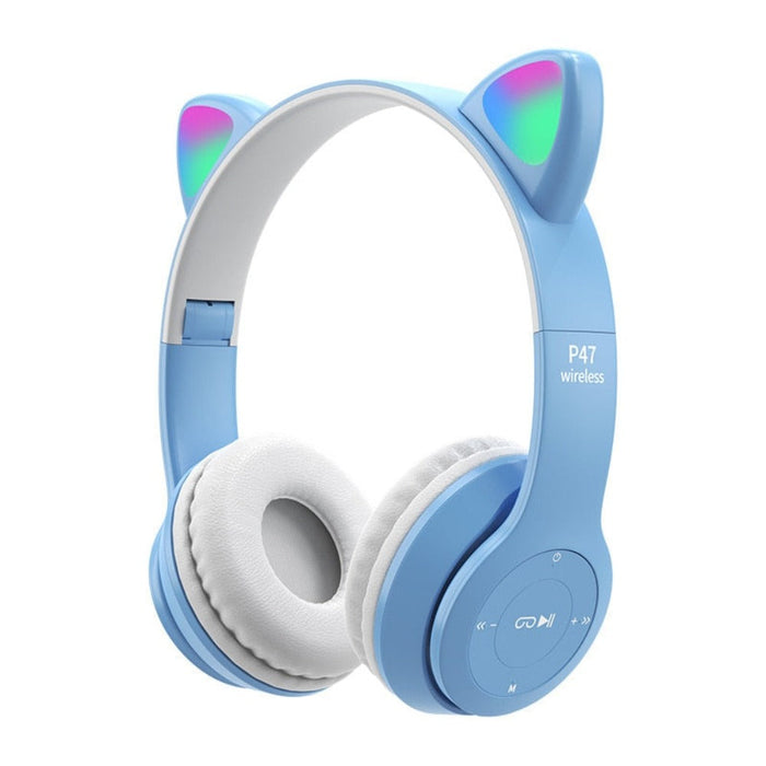 LED Bluetooth Headphones with Cat Ear Design: pink, light gray cat, kawaii style