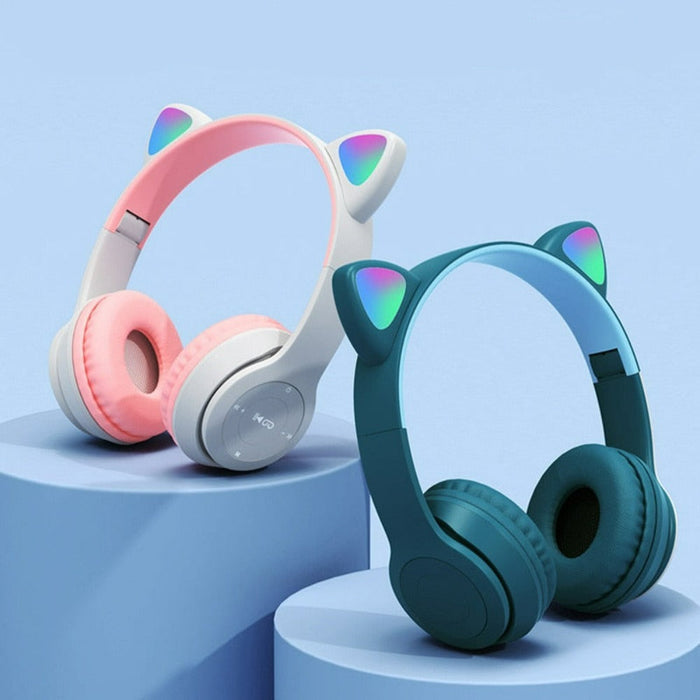 LED Bluetooth Headphones with Cat Ear Design: pink, light gray cat, kawaii style