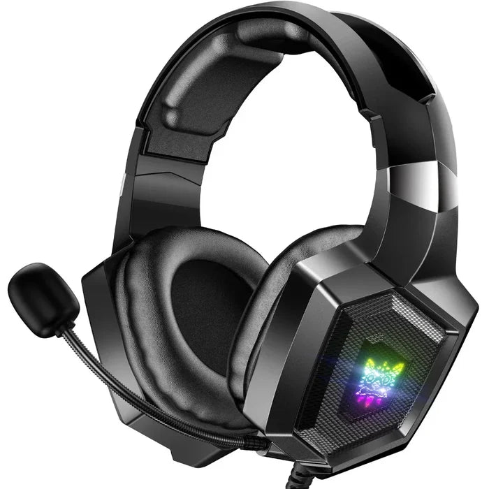 LED Gaming Headset K8, Revised: black, dark gray over-ear gaming headset with boom microphone, futuristic gaming style